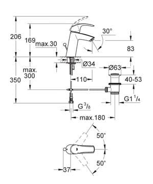 GROHE EUROSMART umyvadlová stojánková baterie, s odtokovou soupravou, chrom 23322001 Technický nákres