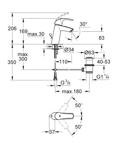 GROHE EUROSMART umyvadlová stojánková baterie, s odtokovou soupravou, chrom 23322001 Technický nákres