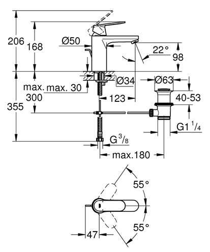 GROHE EUROSMART COSMOPOLITAN umyvadlová stojánková baterie, s odtokovou soupravou, chrom 23325000 Technický nákres