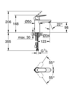 GROHE EUROSMART COSMOPOLITAN umyvadlová stojánková baterie, chrom 23326000 Technický nákres