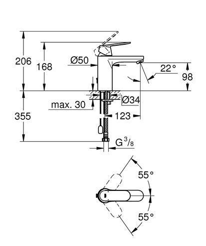 GROHE EUROSMART COSMOPOLITAN umyvadlová stojánková baterie, chrom 23326000 Technický nákres