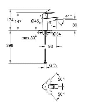 GROHE BAULOOP umyvadlová stojánková baterie, chrom 23337001 Technický nákres