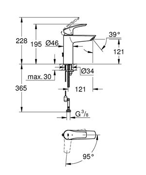 GROHE EUROSMART umyvadlová stojánková baterie, studený start, chrom 2339430E Technický nákres