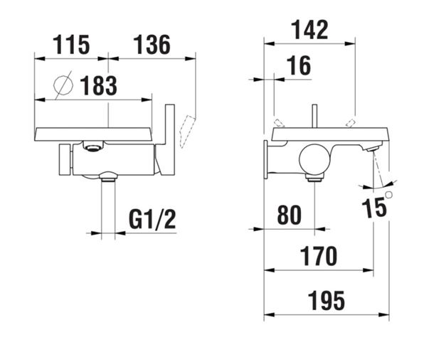 KARTELL BY LAUFEN vanová podomítková baterie, s přepínačem, se sprchovou soupravou, chrom H3213390041411 Technický nákres