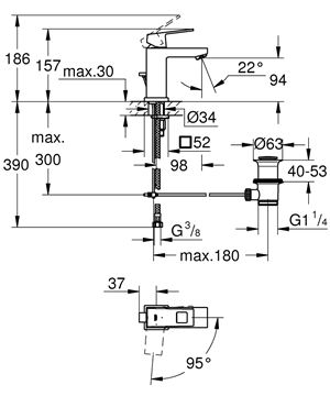 GROHE EUROCUBE umyvadlová stojánková baterie, s odtokovou soupravou, studený start, chrom 2339000E Technický nákres
