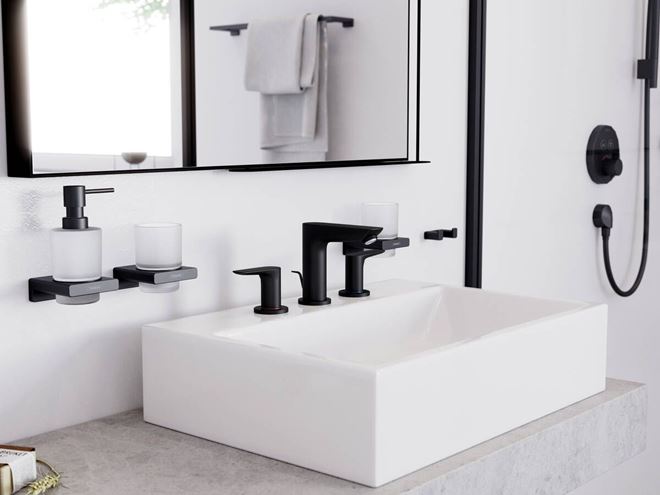 HANSGROHE TALIS E umyvadlová stojánková baterie 3-otvorová, s odtokovou soupravou, EcoSmart, kartáčovaný černý chrom 71733340 Obrázek - fotka