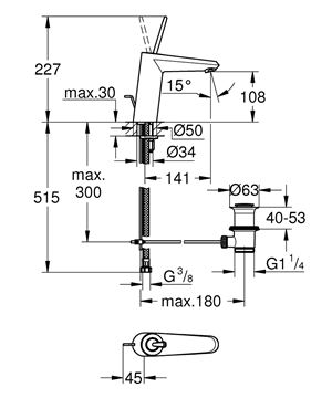 GROHE EURODISC JOY umyvadlová stojánková baterie, s odtokovou soupravou, chrom 23427000 Technický nákres
