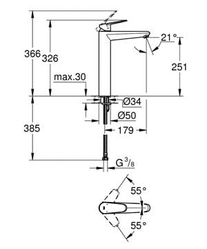 GROHE EURODISC COSMOPOLITAN umyvadlová stojánková baterie, chrom 23432000 Technický nákres