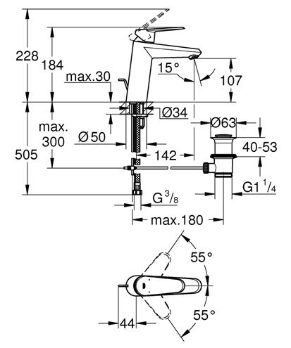 GROHE EURODISC COSMOPOLITAN umyvadlová stojánková baterie, s odtokovou soupravou, chrom 23448002 Technický nákres