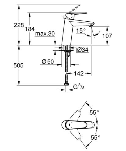 GROHE EURODISC COSMOPOLITAN umyvadlová stojánková baterie, chrom 23449002 Technický nákres