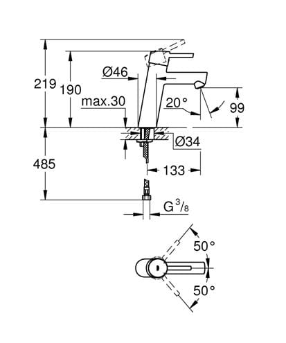 GROHE CONCETTO umyvadlová stojánková baterie, chrom 23451001 Technický nákres