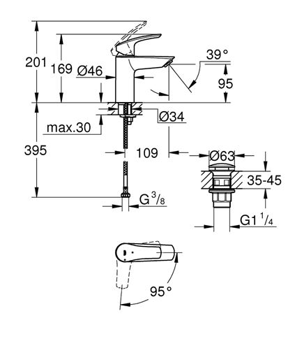 GROHE EUROSMART umyvadlová stojánková baterie, s odtokovou soupravou, studený start, chrom 23924003 Technický nákres