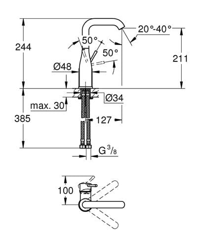 GROHE ESSENCE umyvadlová stojánková baterie, chrom 23541001 Technický nákres