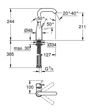 GROHE ESSENCE umyvadlová stojánková baterie, chrom 23541001 Technický nákres