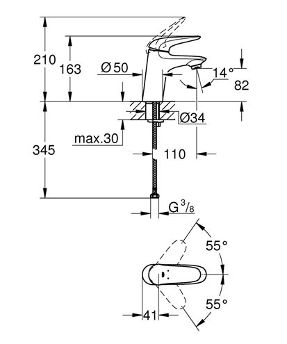 GROHE EUROSTYLE umyvadlová stojánková baterie, chrom 23715003 Technický nákres