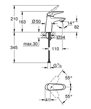 GROHE EUROSTYLE umyvadlová stojánková baterie, chrom 23715003 Technický nákres