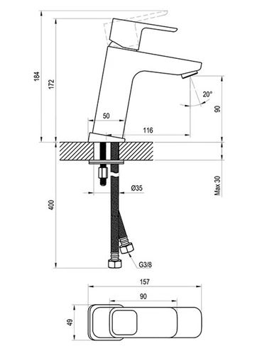 RAVAK 10° umyvadlová stojánková baterie, chrom X070062 Technický nákres