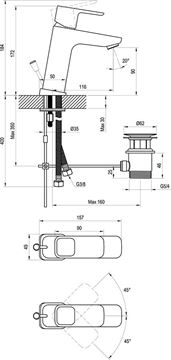 RAVAK 10° umyvadlová stojánková baterie, s odtokovou soupravou, chrom X070061 Technický nákres