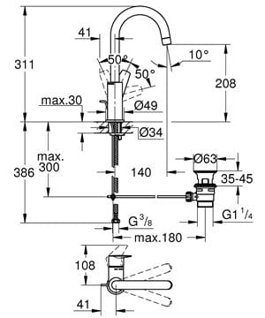 GROHE BAUEDGE umyvadlová stojánková baterie, s odtokovou soupravou, chrom 23760001 Technický nákres