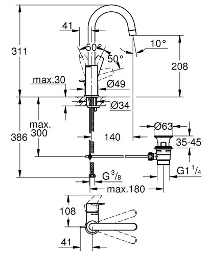 GROHE BAUEDGE umyvadlová stojánková baterie, s odtokovou soupravou, chrom 23760001 Technický nákres