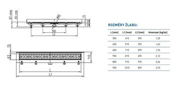 CHUDĚJ sprchový žlab 750 mm, ke stěně, boční odtok DN 40, rošt HARMONY, plast/matná nerez ocel CH 750 HN 3 Technický nákres