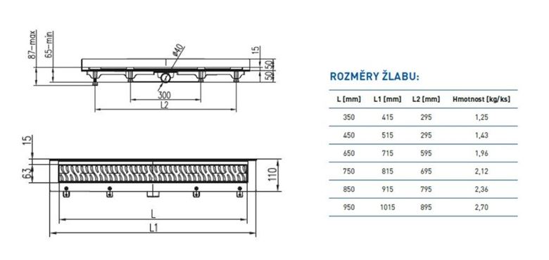 CHUDĚJ sprchový žlab 750 mm, ke stěně, boční odtok DN 40, rošt HARMONY, plast/matná nerez ocel CH 750 HN 3 Technický nákres