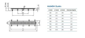 EASY sprchový žlab 850 mm, do prostoru, boční odtok D 40, rošt HARMONY, plast/nerez ocel lesk EPZ20-PP-850 Technický nákres
