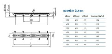 CHUDĚJ sprchový žlab 750 mm, do prostoru, boční odtok DN 40, rošt SQUARE, plast/lesklá nerez ocel CH 750 S Technický nákres