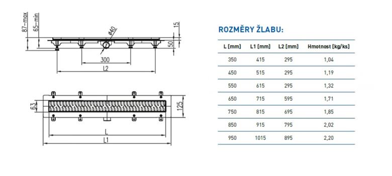 EASY sprchový žlab 950 mm, do prostoru, boční odtok D 40, rošt HARMONY, plast/nerez ocel lesk EPZ20-PN-950 Technický nákres