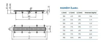 EASY sprchový žlab 650 mm, do prostoru, boční odtok D 40, rošt HARMONY, plast/nerez ocel lesk EPZ20-PN-650 Technický nákres