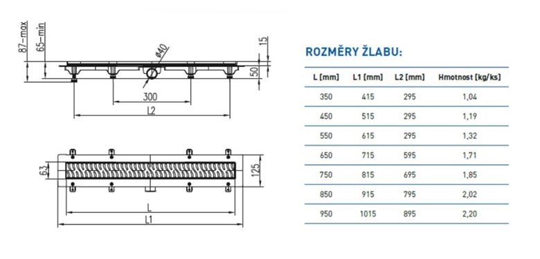 CHUDĚJ sprchový žlab 850 mm, do prostoru, boční odtok DN 40, rošt MEDIUM, plast/lesklá nerez ocel CH 850 M Obrázek - fotka