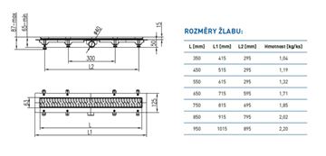 CHUDĚJ sprchový žlab 850 mm, do prostoru, boční odtok DN 40, rošt MEDIUM, plast/matná nerez ocel CH 850 M 1 Technický nákres
