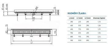 CHUDĚJ sprchový žlab 750 mm, ke stěně, boční odtok DN 40, rošt SQUARE, plast/matná nerez ocel CH 750 S 3 Obrázek - fotka
