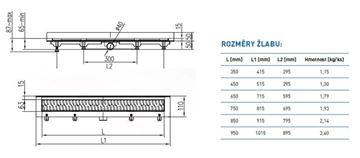 CHUDĚJ sprchový žlab 750 mm, ke stěně, boční odtok DN 40, rošt MEDIUM, plast/lesklá nerez ocel CH 750 M 2 Technický nákres