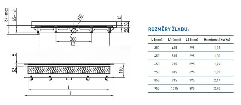 CHUDĚJ sprchový žlab 850 mm, ke stěně, boční odtok DN 40, rošt MEDIUM, plast/matná nerez ocel CH 850 M 3 Technický nákres