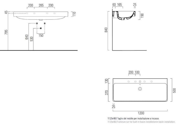 CONCEPT 300 umyvadlo 120 cm, s 1 otvorem pro baterii a přepadem, Cataglaze 120CO300N Technický nákres