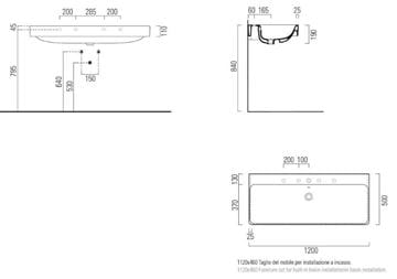 CONCEPT 300 umyvadlo 120 cm, s 1 otvorem pro baterii a přepadem, Cataglaze 120CO300N Technický nákres
