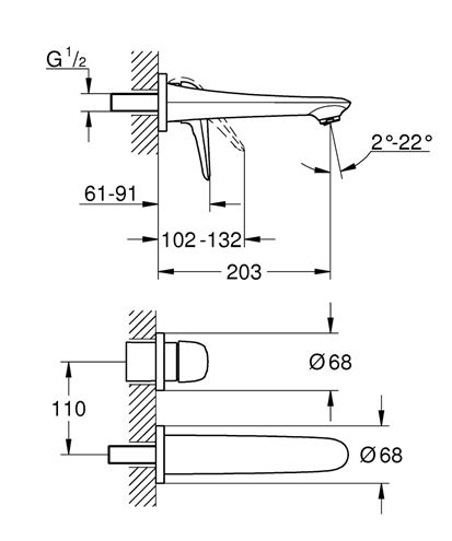 GROHE EUROSTYLE umyvadlová podomítková baterie, chrom 29097003 Technický nákres