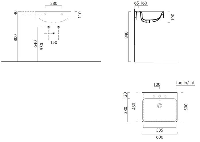 CONCEPT 300 umyvadlo 60 cm, s 1 otvorem pro baterii a přepadem, concept clean PLUS 60CO300N Technický nákres