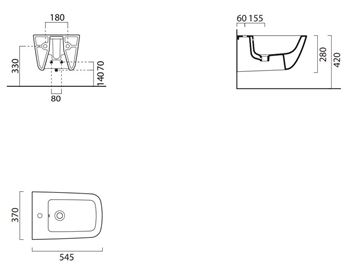 CONCEPT 300 závěsný bidet, Cataglaze BSRCO300N Technický nákres