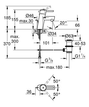 GROHE CONCETTO umyvadlová stojánková baterie, s odtokovou soupravou, chrom 32204001 Technický nákres