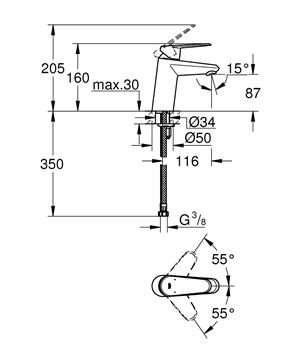 GROHE EURODISC COSMOPOLITAN S umyvadlová stojánková baterie, chrom 3246920E Technický nákres