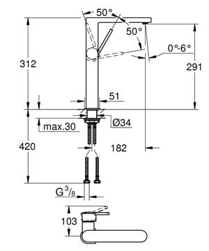 GROHE PLUS umyvadlová stojánková baterie, chrom 32618003 Technický nákres