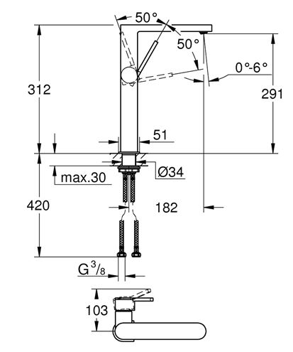 GROHE PLUS umyvadlová stojánková baterie, chrom 32618003 Technický nákres