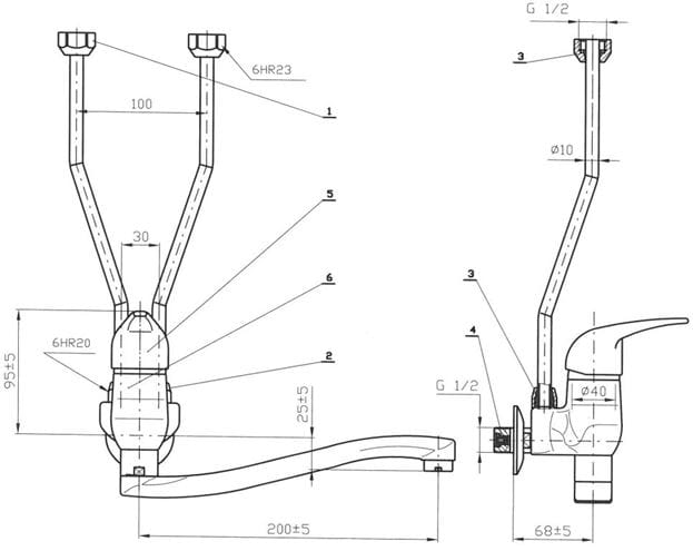 DRAŽICE dřezová nástěnná baterie, pro beztlakové ohřívače vody, chrom 100670003 Technický nákres