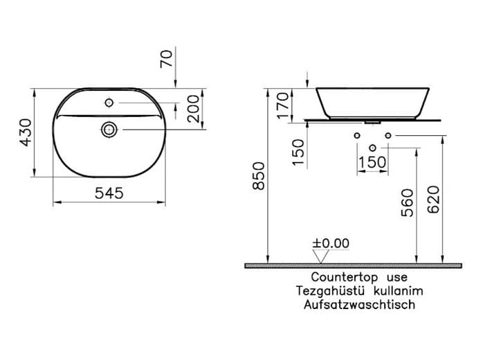 VITRA GEO umyvadlo na desku 55 cm, s otvorem pro baterii, bez přepadu, VitrAhygiene 7428B003-0041 Technický nákres