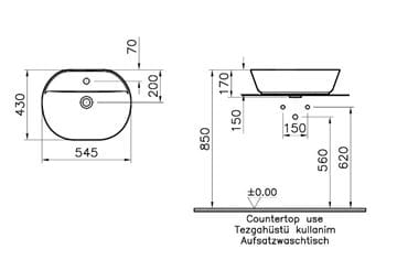 VITRA GEO umyvadlo na desku 55 cm, s otvorem pro baterii, bez přepadu, VitrAhygiene 7428B003-0041 Technický nákres