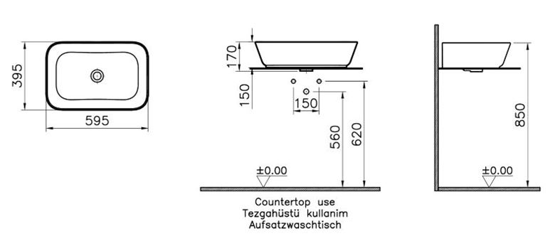 VITRA GEO umyvadlová mísa 59,5 cm, bez přepadu, broušená, VitrAhygiene 7425B001-0016 Technický nákres