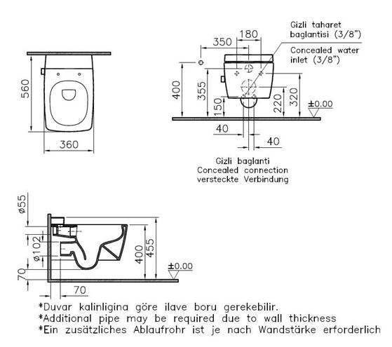 VITRA METROPOLE sprchovací WC se sedátkem, Rimless 7672B003-1687 Technický nákres