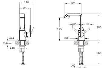 VITRA ROOT SQUARE umyvadlová stojánková baterie, lesklá černá A4261639 Technický nákres